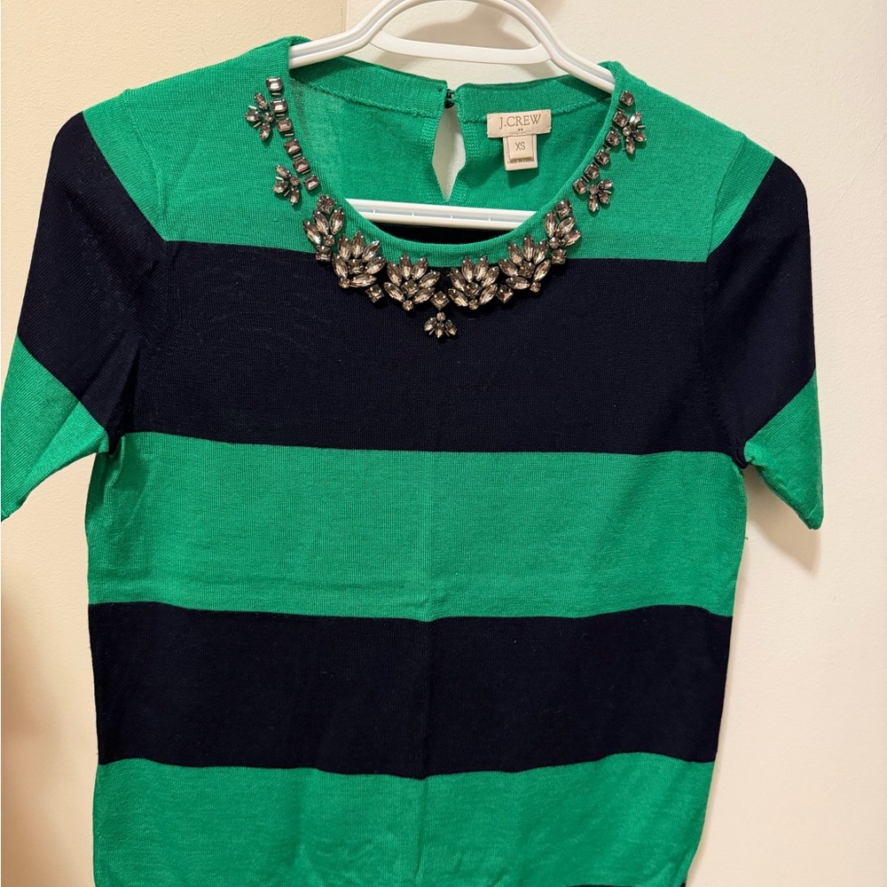 J. Crew Emerald and Black Striped Short Sleeve Top